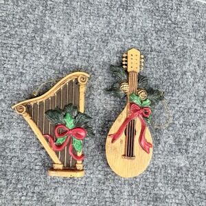 Vintage 90s Christmas Musical Instrument Ornaments Harp & Lute Resin‎ Lot Of 2